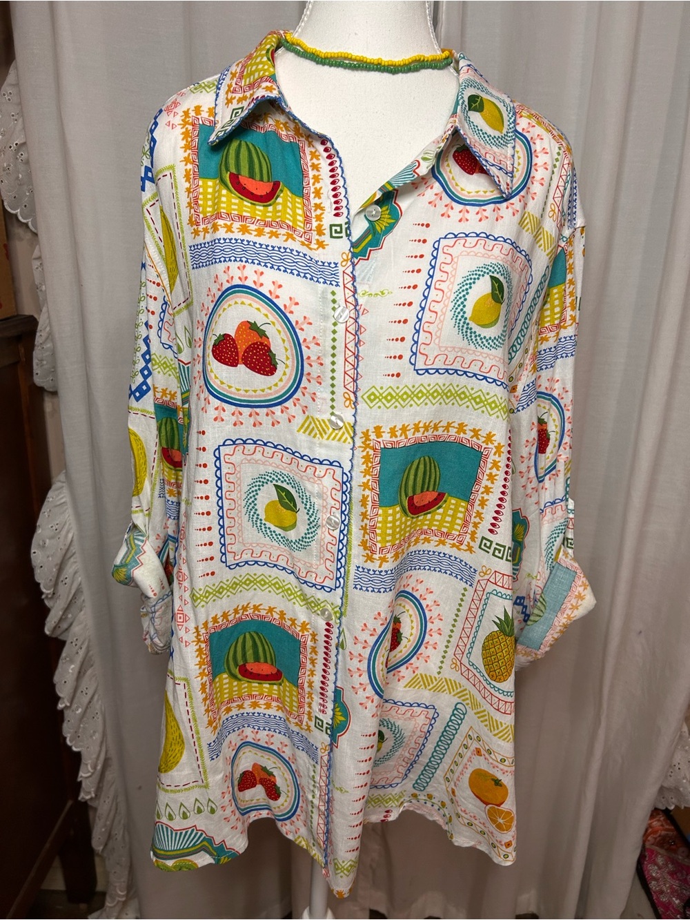 Jane + Delancey White Fruit-Print Button Front Blouse 1X Resortwear Novelty Top